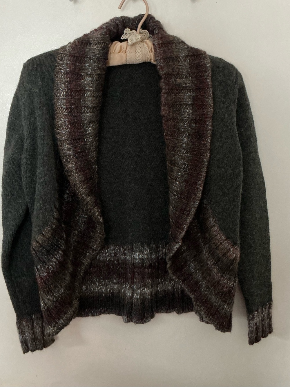 Woolrich Dark Gray Open-Front Shawl Collar Cardigan with Marled Trim